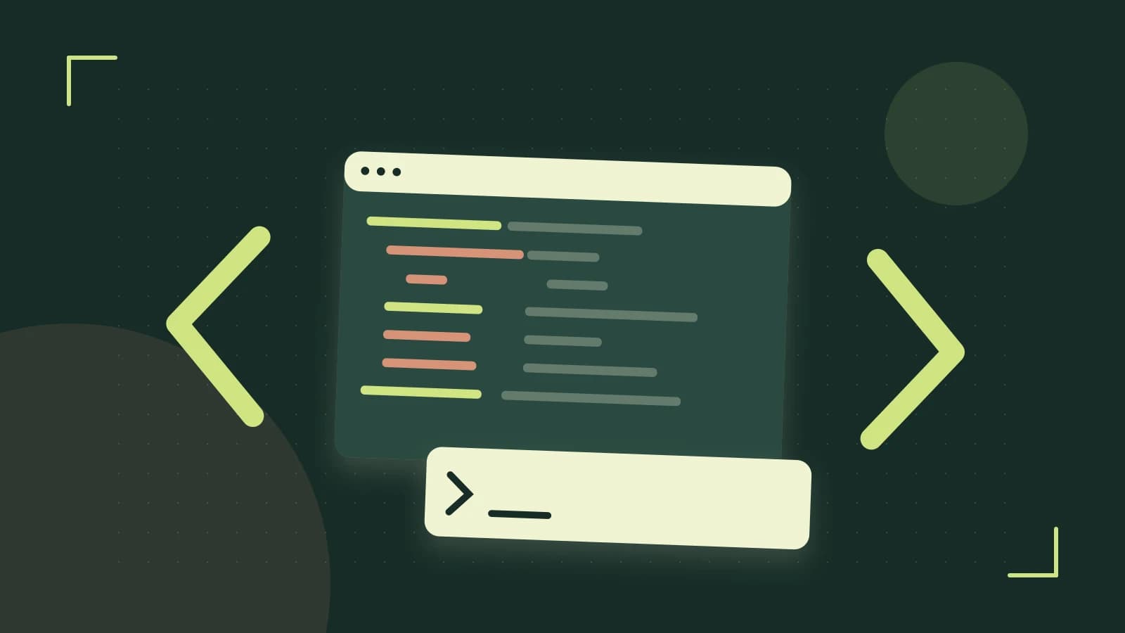 Editorial illustration of an abstract code editor, syntax blocks and oversized programming brackets