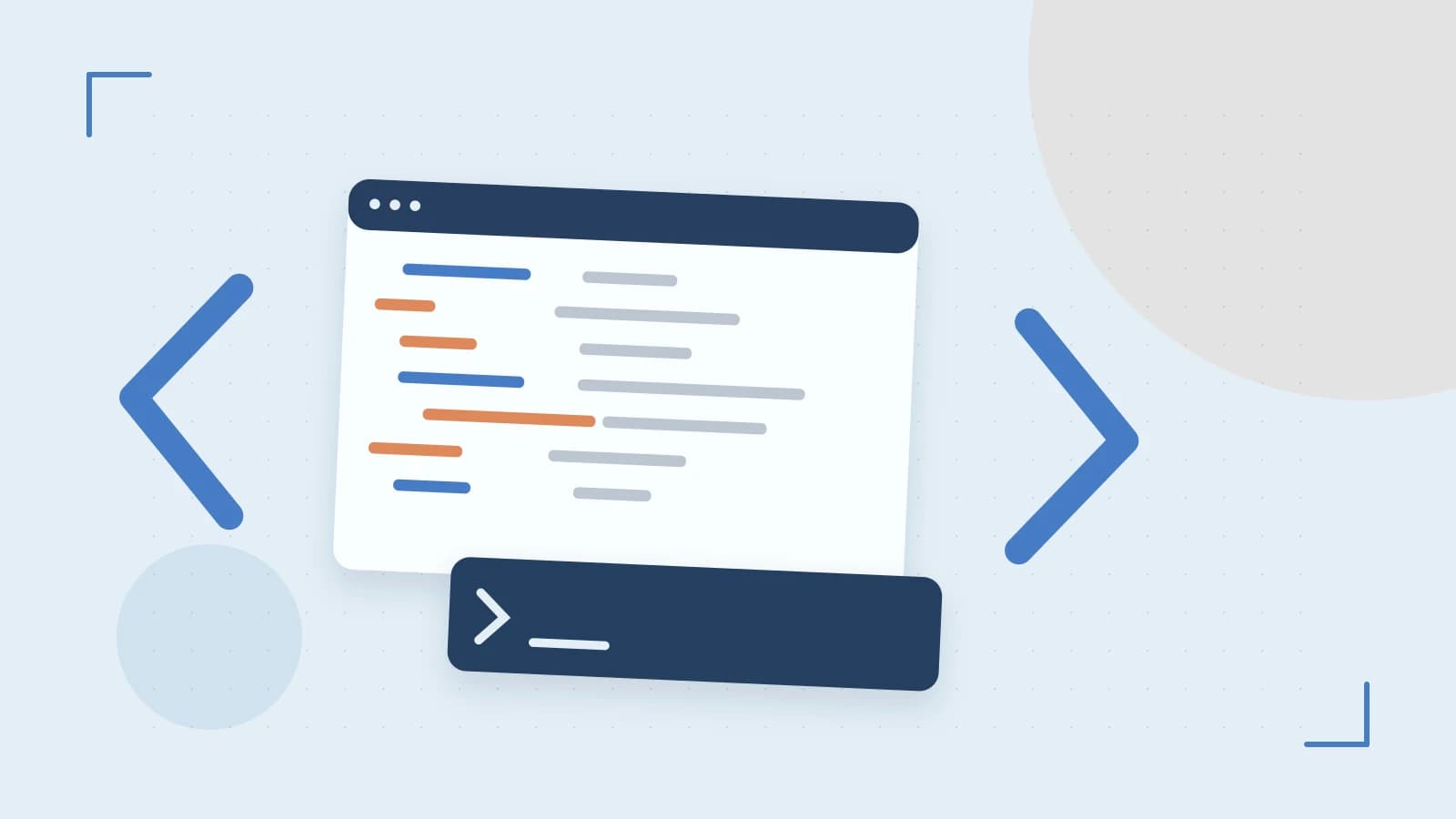 Editorial illustration of an abstract code editor, syntax blocks and oversized programming brackets