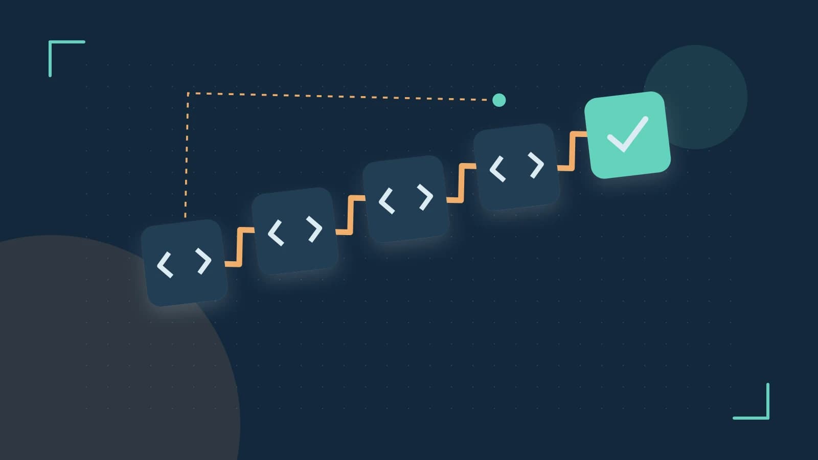 Editorial illustration of a branching build pipeline, staged transformations and a completed check