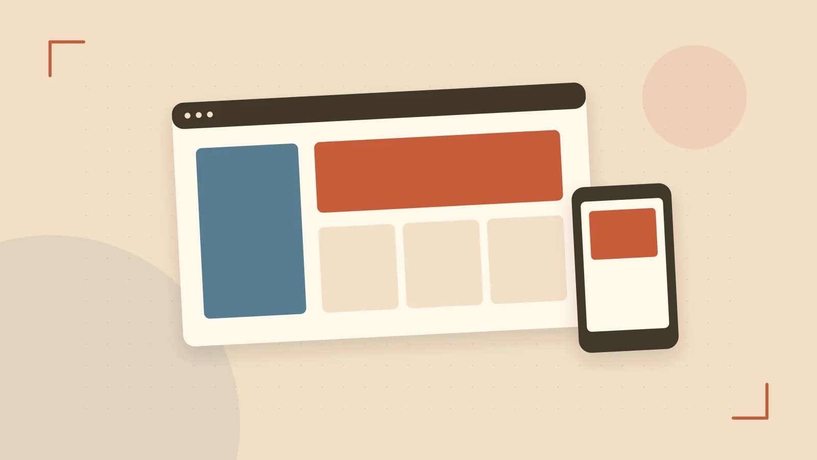 Editorial illustration of responsive browser layouts, overlapping design components and a color system