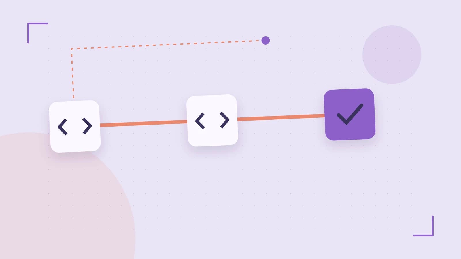 Editorial illustration of a branching build pipeline, staged transformations and a completed check