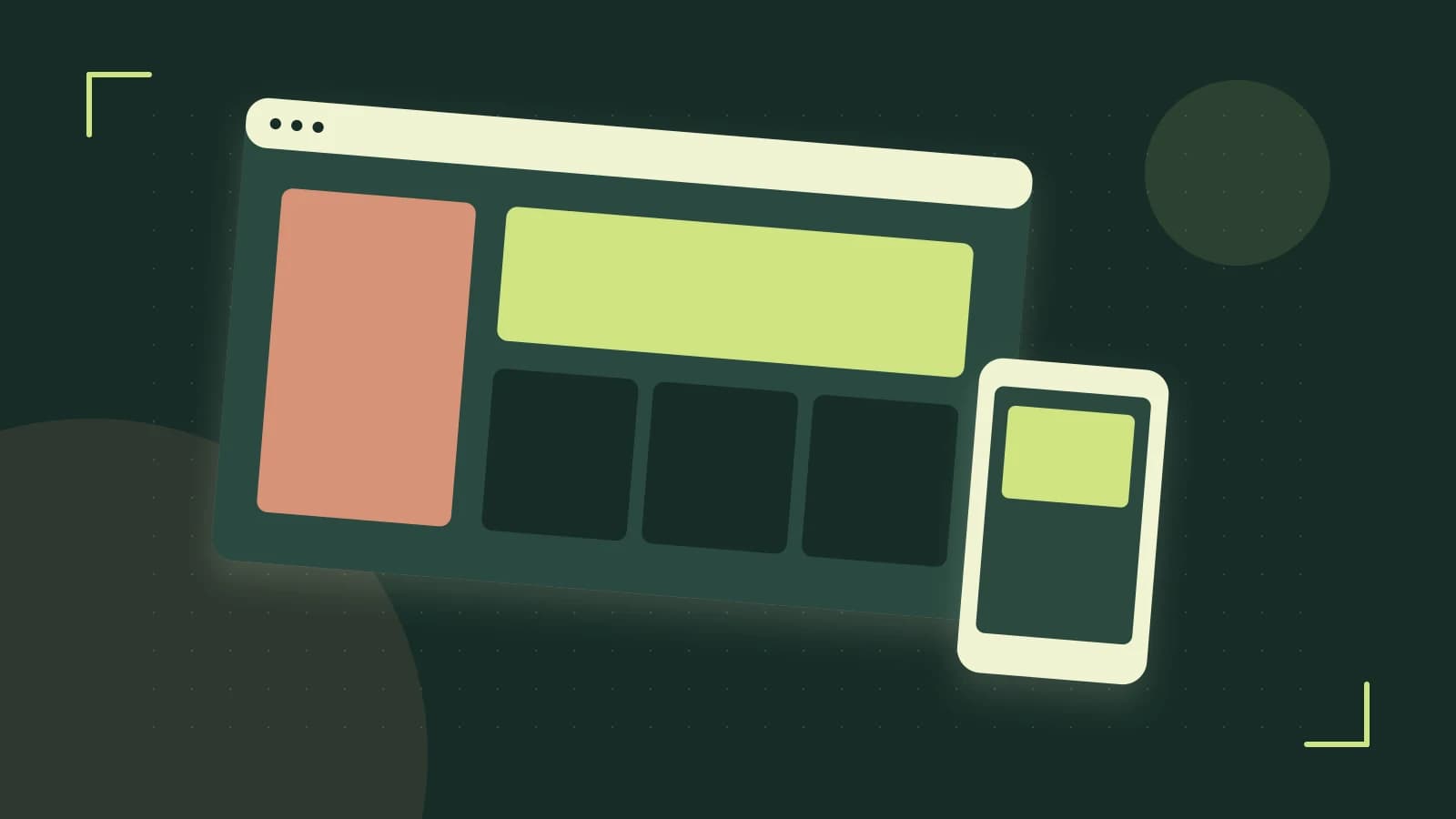 Editorial illustration of responsive browser layouts, overlapping design components and a color system