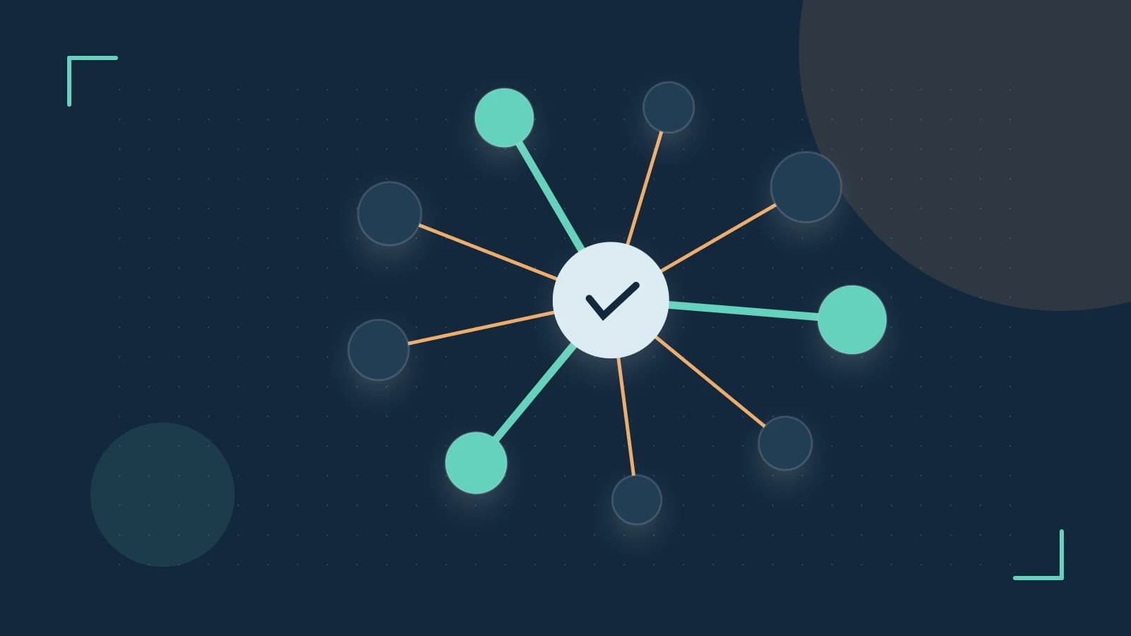 Editorial illustration of an algorithmic node graph with branching paths and a highlighted result