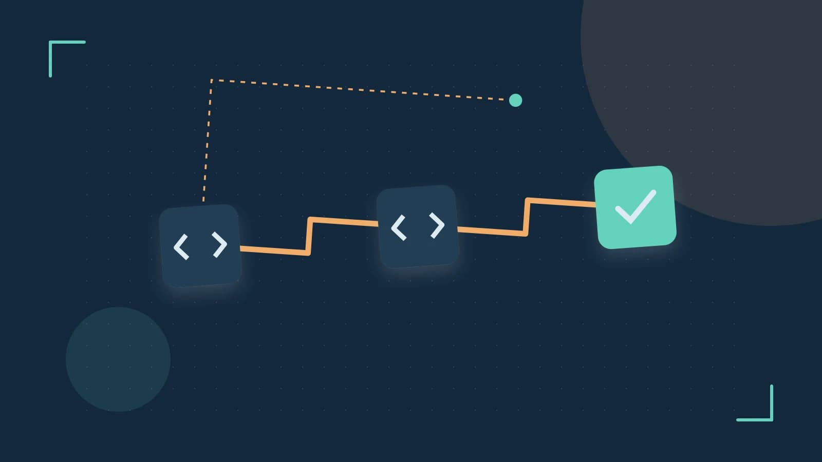 Editorial illustration of a branching build pipeline, staged transformations and a completed check