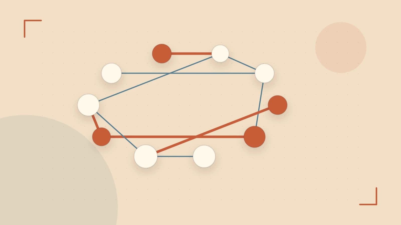 Editorial illustration of an algorithmic node graph with branching paths and a highlighted result