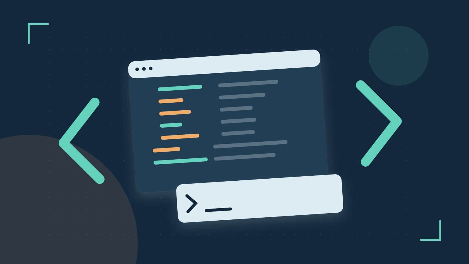 Editorial illustration of an abstract code editor, syntax blocks and oversized programming brackets