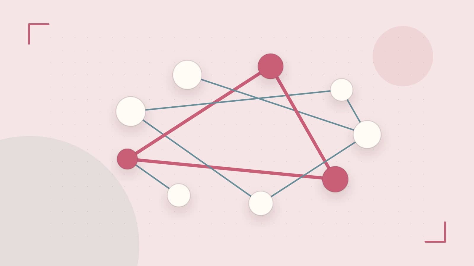 Editorial illustration of an algorithmic node graph with branching paths and a highlighted result