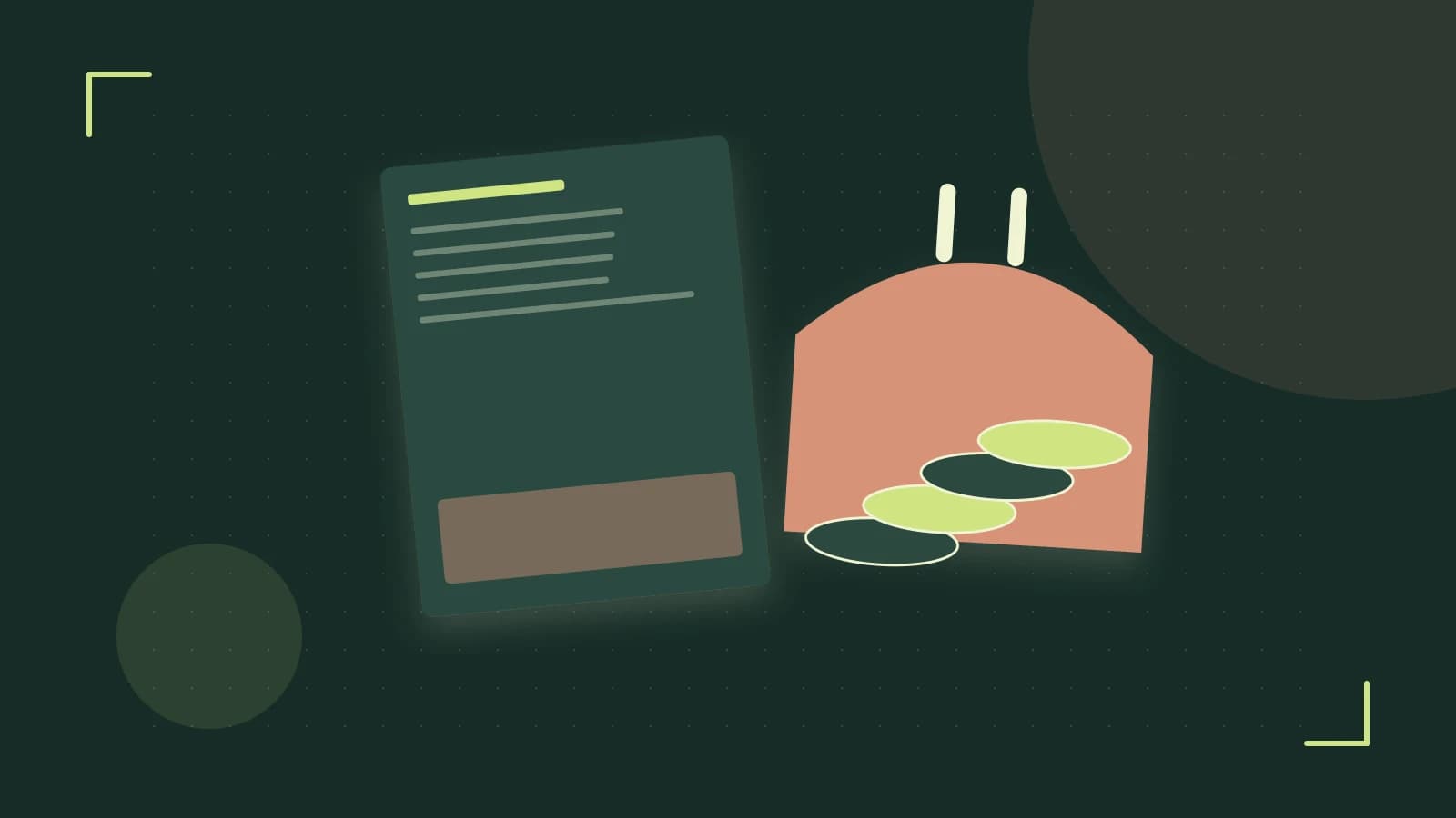 Editorial illustration of abstract coins, a payment card and a geometric financial chart without data labels