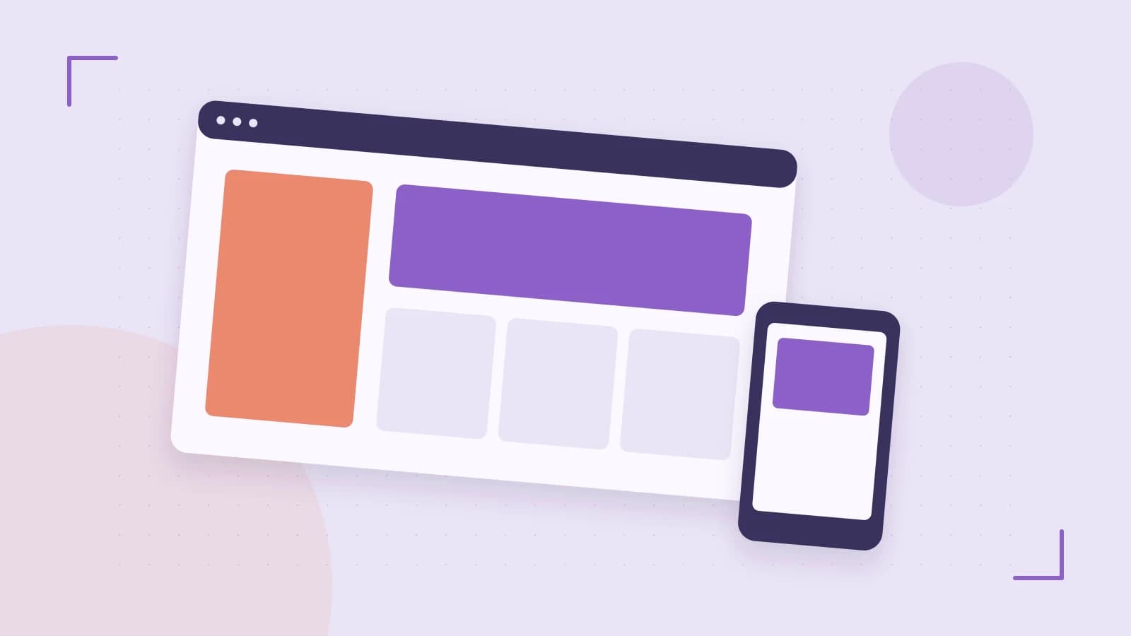Editorial illustration of responsive browser layouts, overlapping design components and a color system