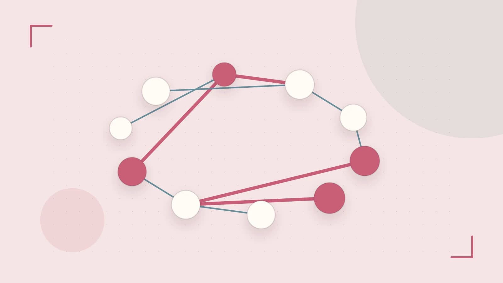 Editorial illustration of an algorithmic node graph with branching paths and a highlighted result