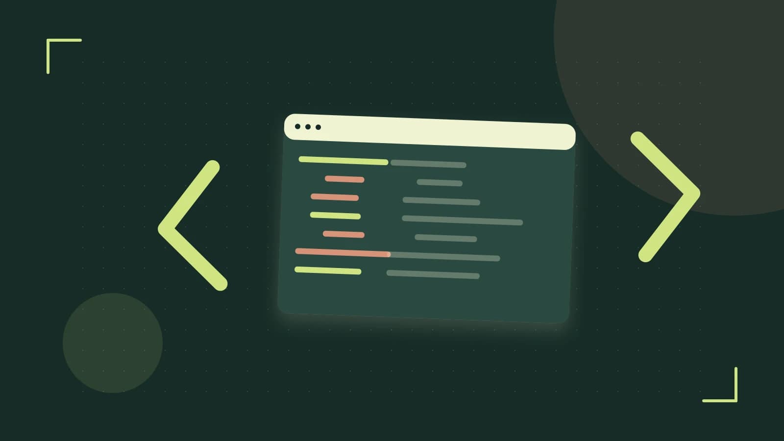 Editorial illustration of an abstract code editor, syntax blocks and oversized programming brackets