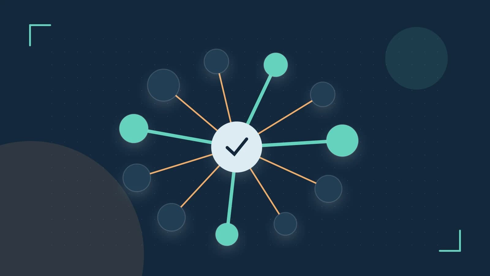 Editorial illustration of an algorithmic node graph with branching paths and a highlighted result