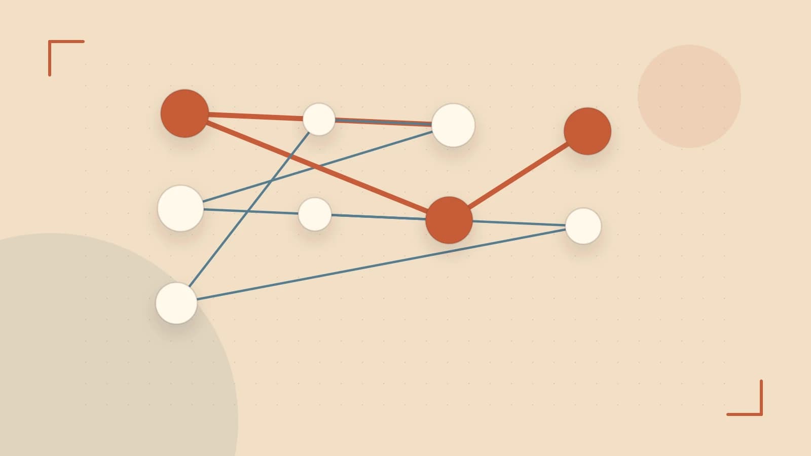 Editorial illustration of an algorithmic node graph with branching paths and a highlighted result