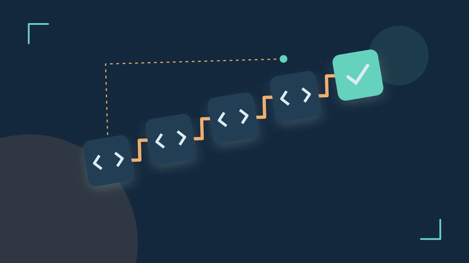 Editorial illustration of a branching build pipeline, staged transformations and a completed check