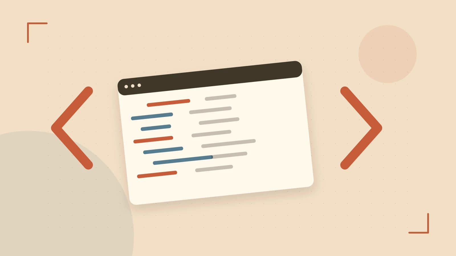 Editorial illustration of an abstract code editor, syntax blocks and oversized programming brackets
