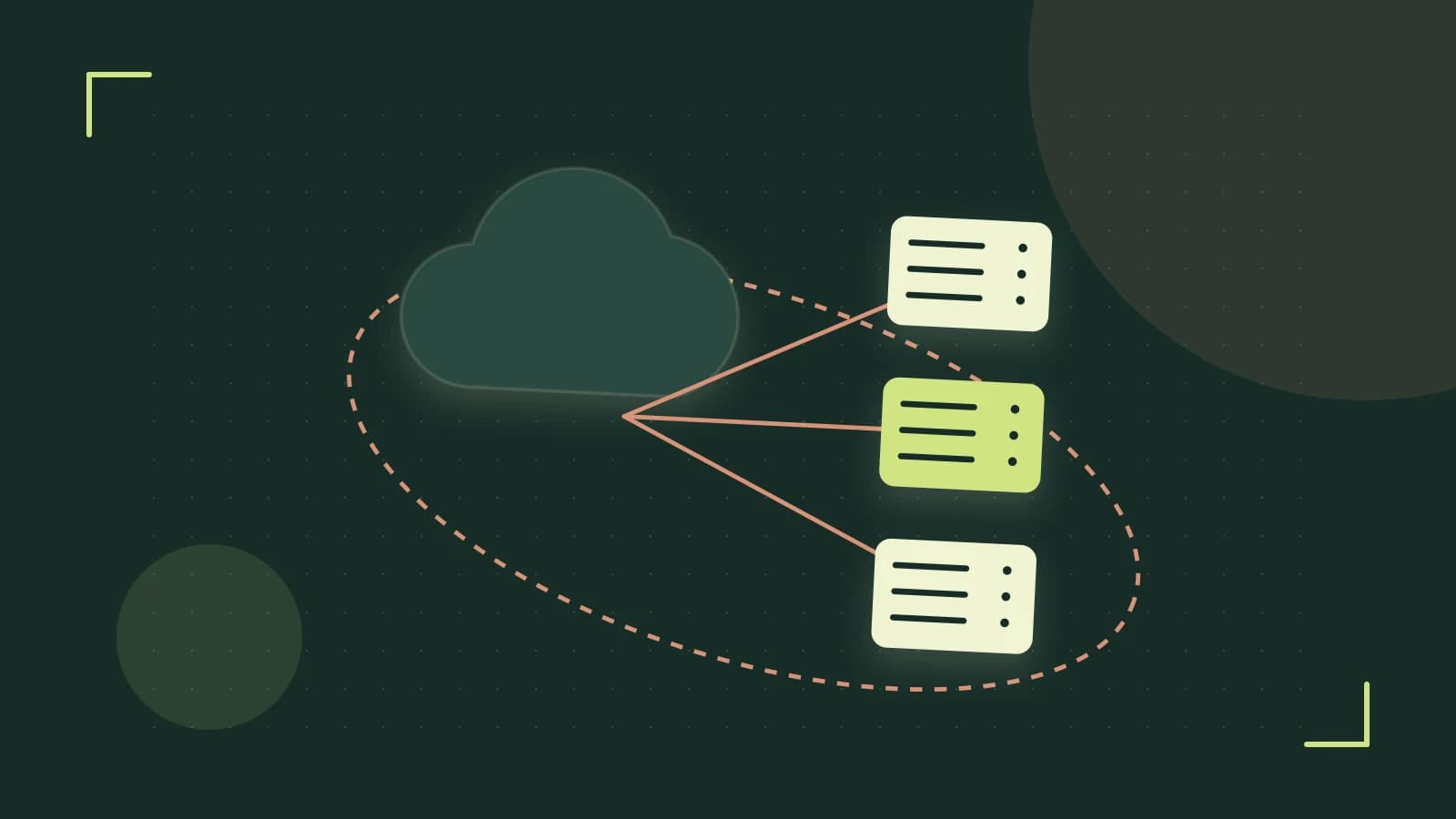 Editorial illustration of cloud infrastructure, connected server racks and an orbital service map
