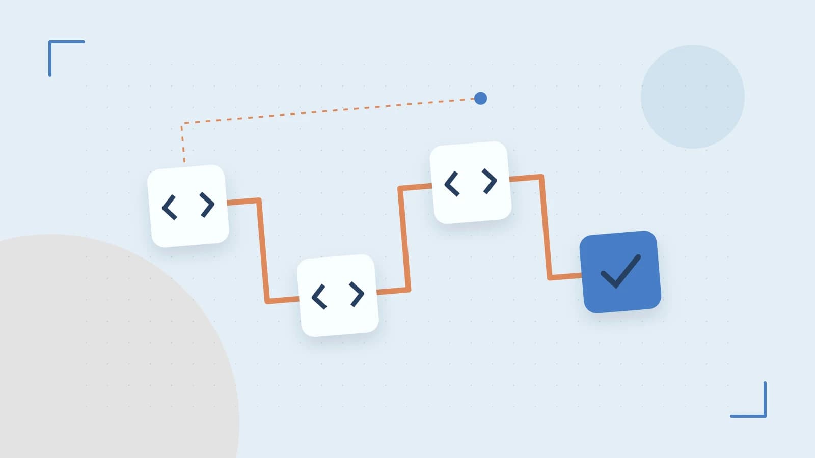 Editorial illustration of a branching build pipeline, staged transformations and a completed check