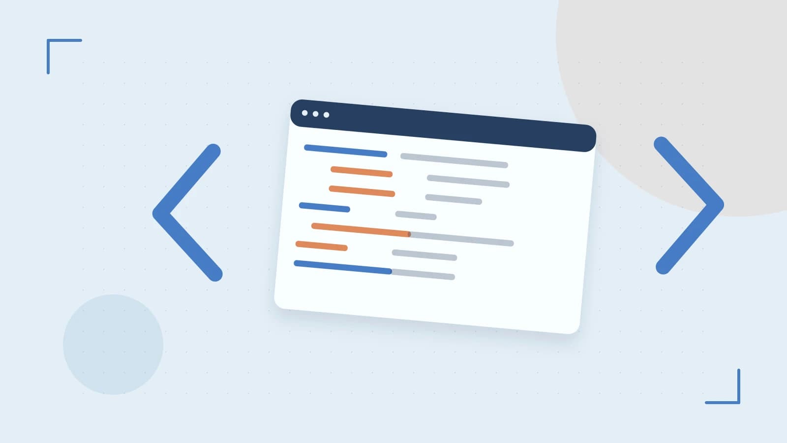 Editorial illustration of an abstract code editor, syntax blocks and oversized programming brackets