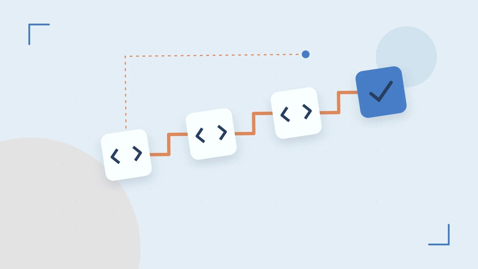 Editorial illustration of a branching build pipeline, staged transformations and a completed check