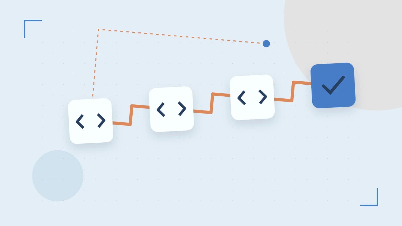 Editorial illustration of a branching build pipeline, staged transformations and a completed check