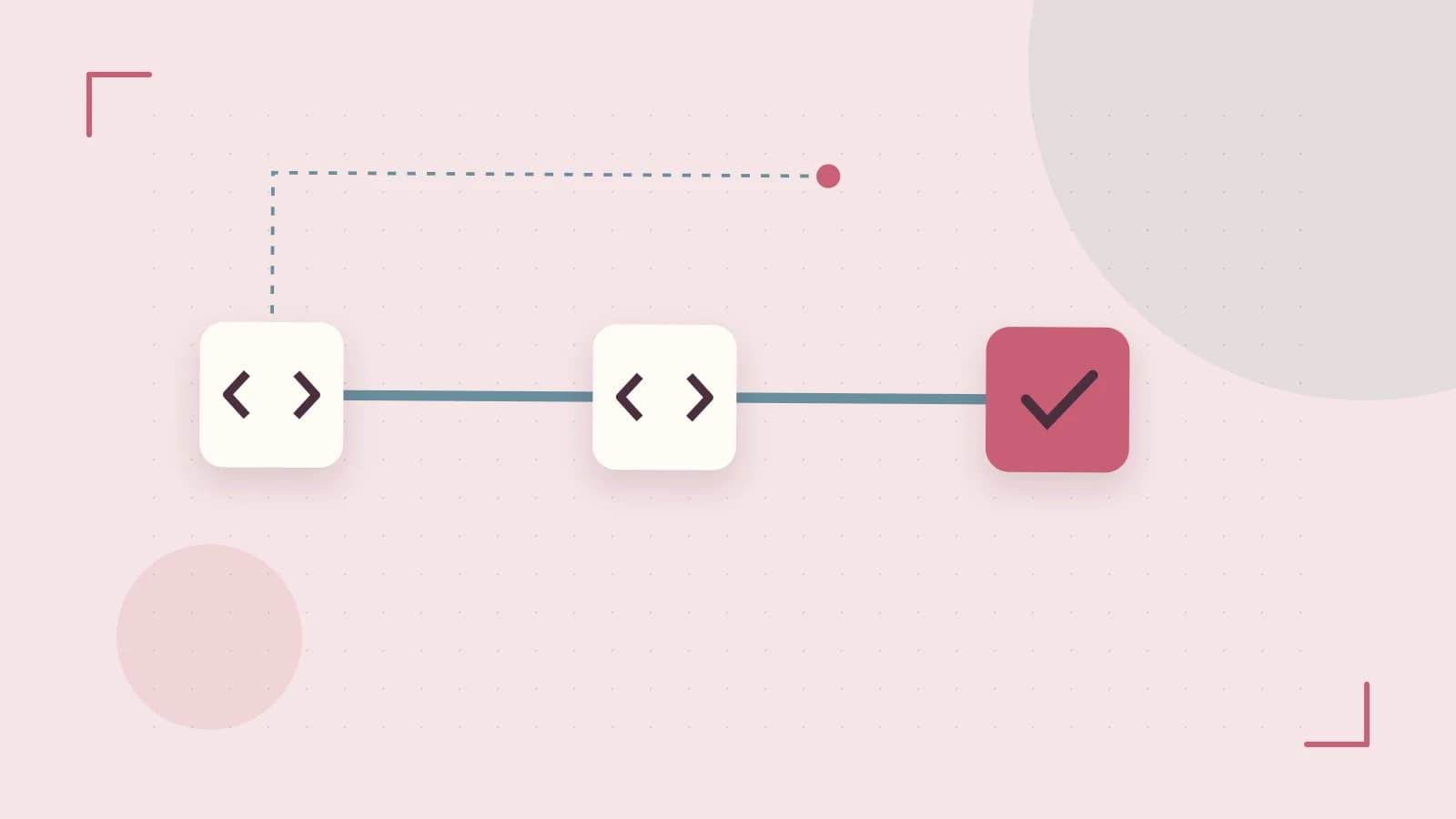 Editorial illustration of a branching build pipeline, staged transformations and a completed check