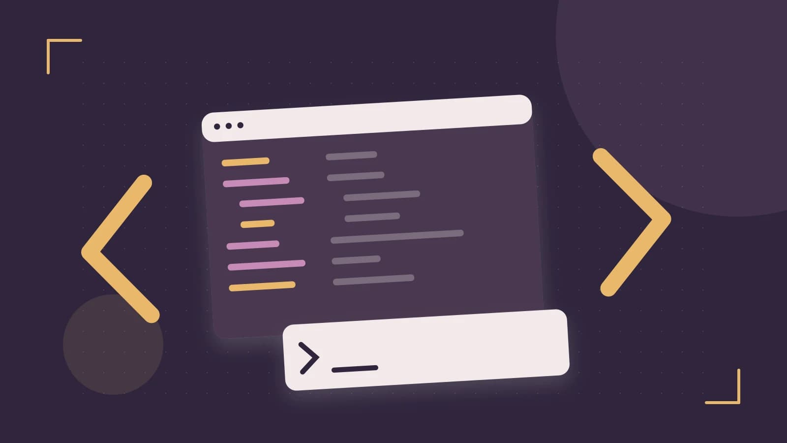 Editorial illustration of an abstract code editor, syntax blocks and oversized programming brackets