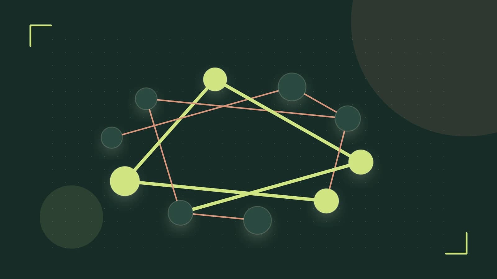 Editorial illustration of an algorithmic node graph with branching paths and a highlighted result
