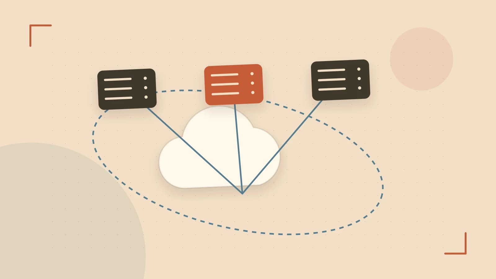 Editorial illustration of cloud infrastructure, connected server racks and an orbital service map