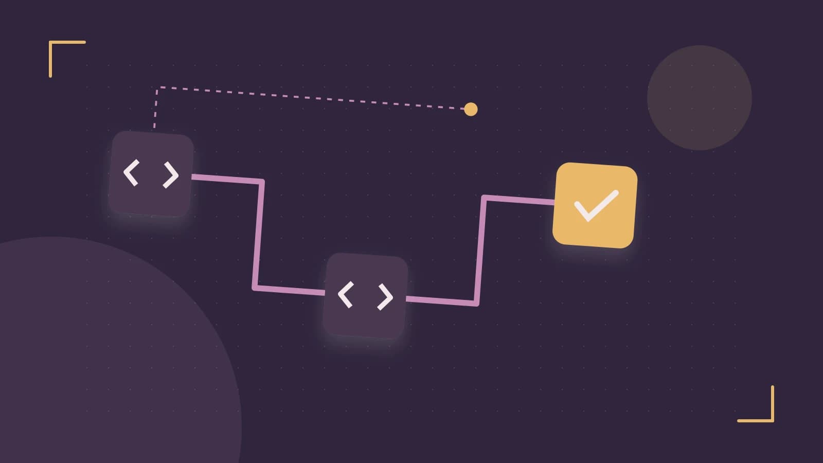 Editorial illustration of a branching build pipeline, staged transformations and a completed check