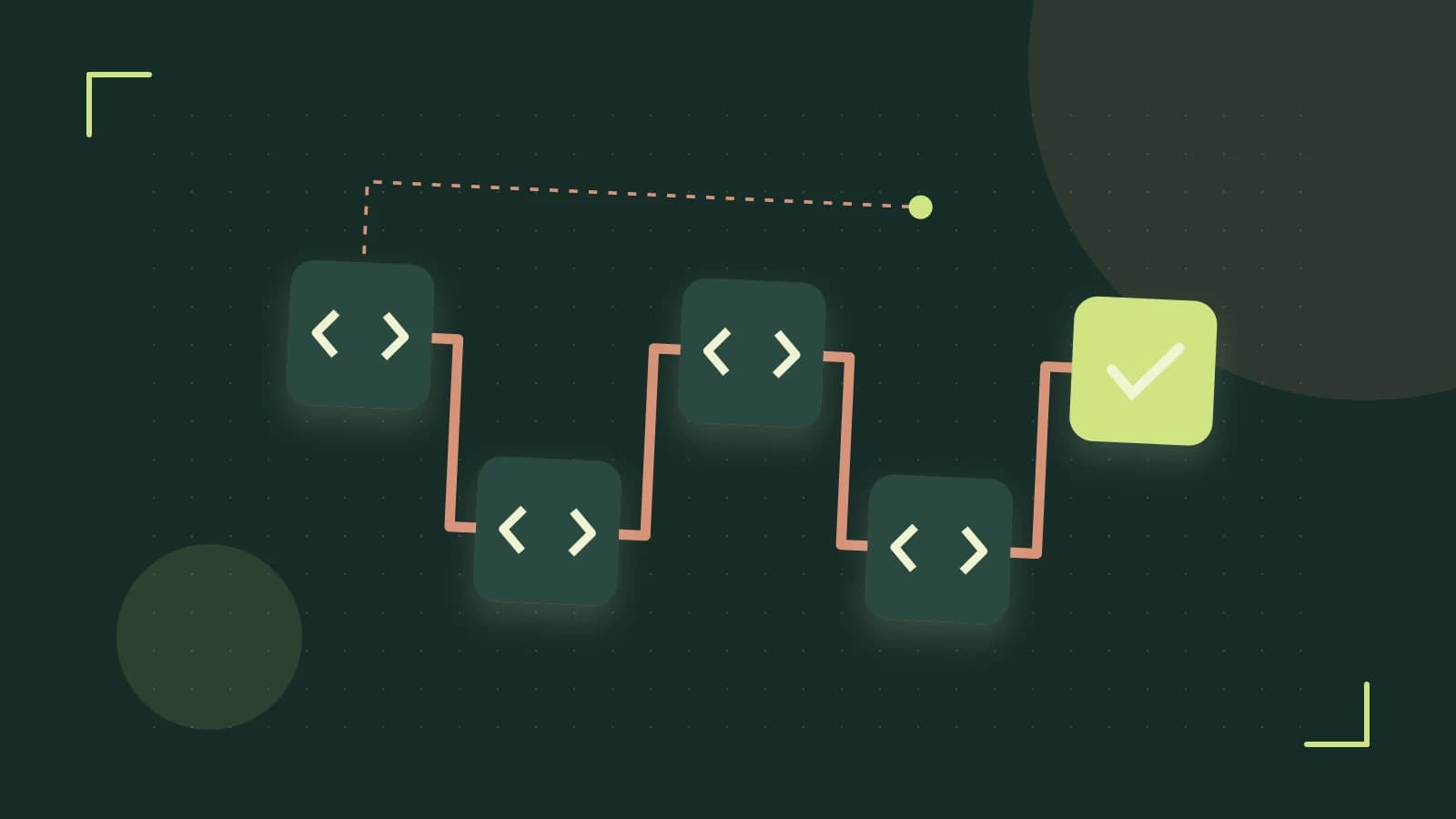 Editorial illustration of a branching build pipeline, staged transformations and a completed check