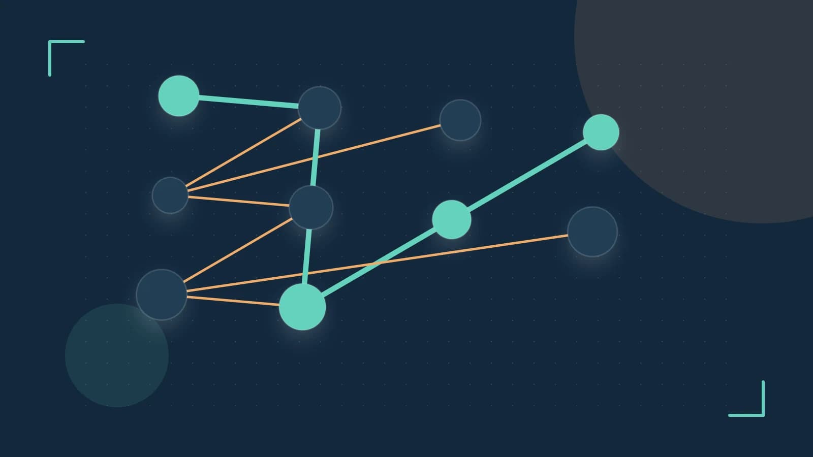 Editorial illustration of an algorithmic node graph with branching paths and a highlighted result