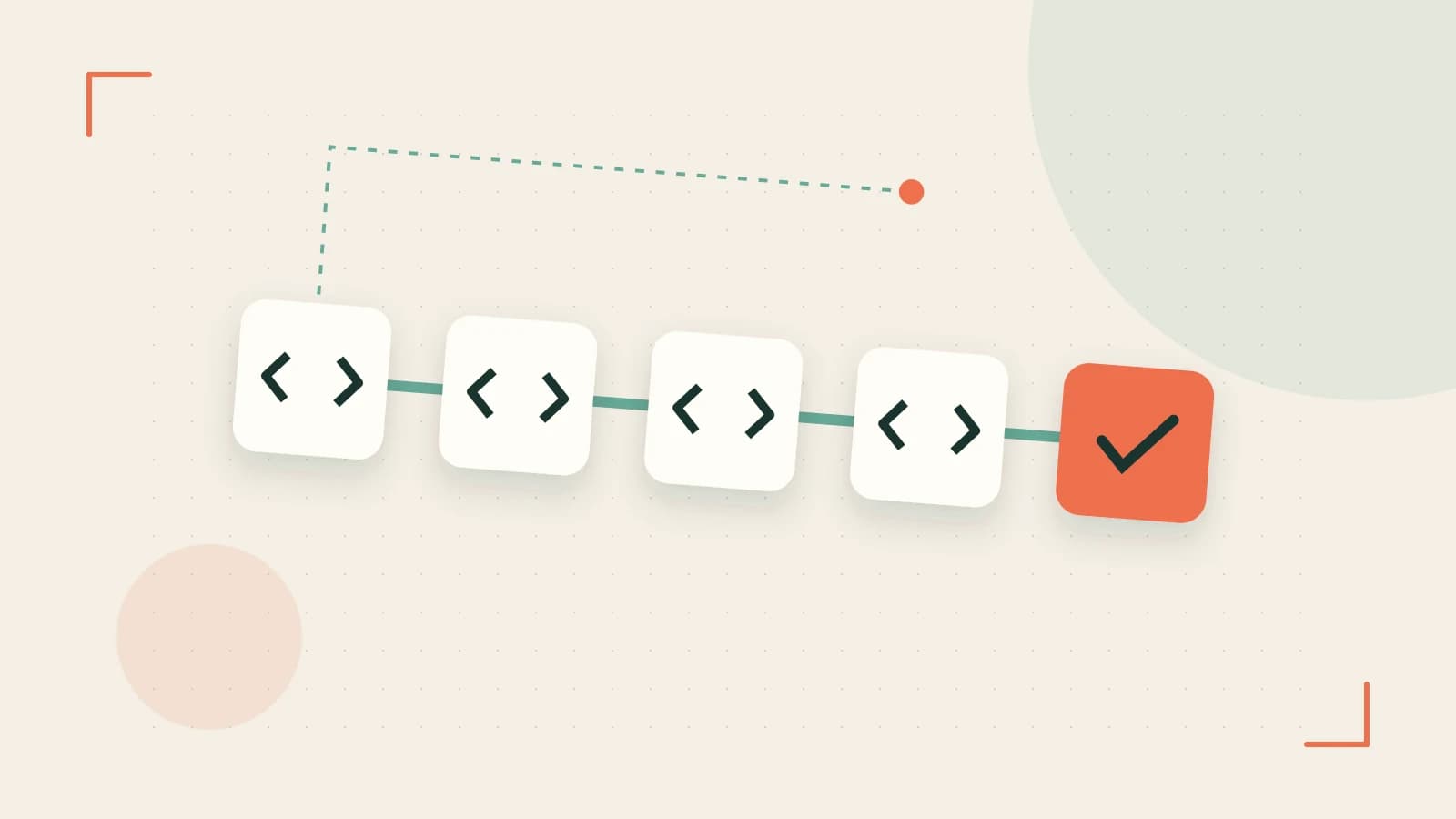 Editorial illustration of a branching build pipeline, staged transformations and a completed check