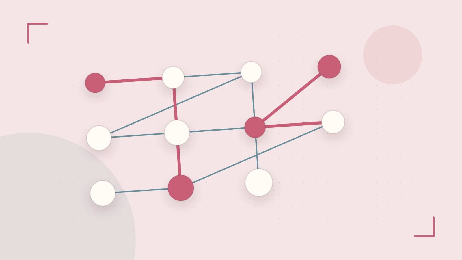Editorial illustration of an algorithmic node graph with branching paths and a highlighted result