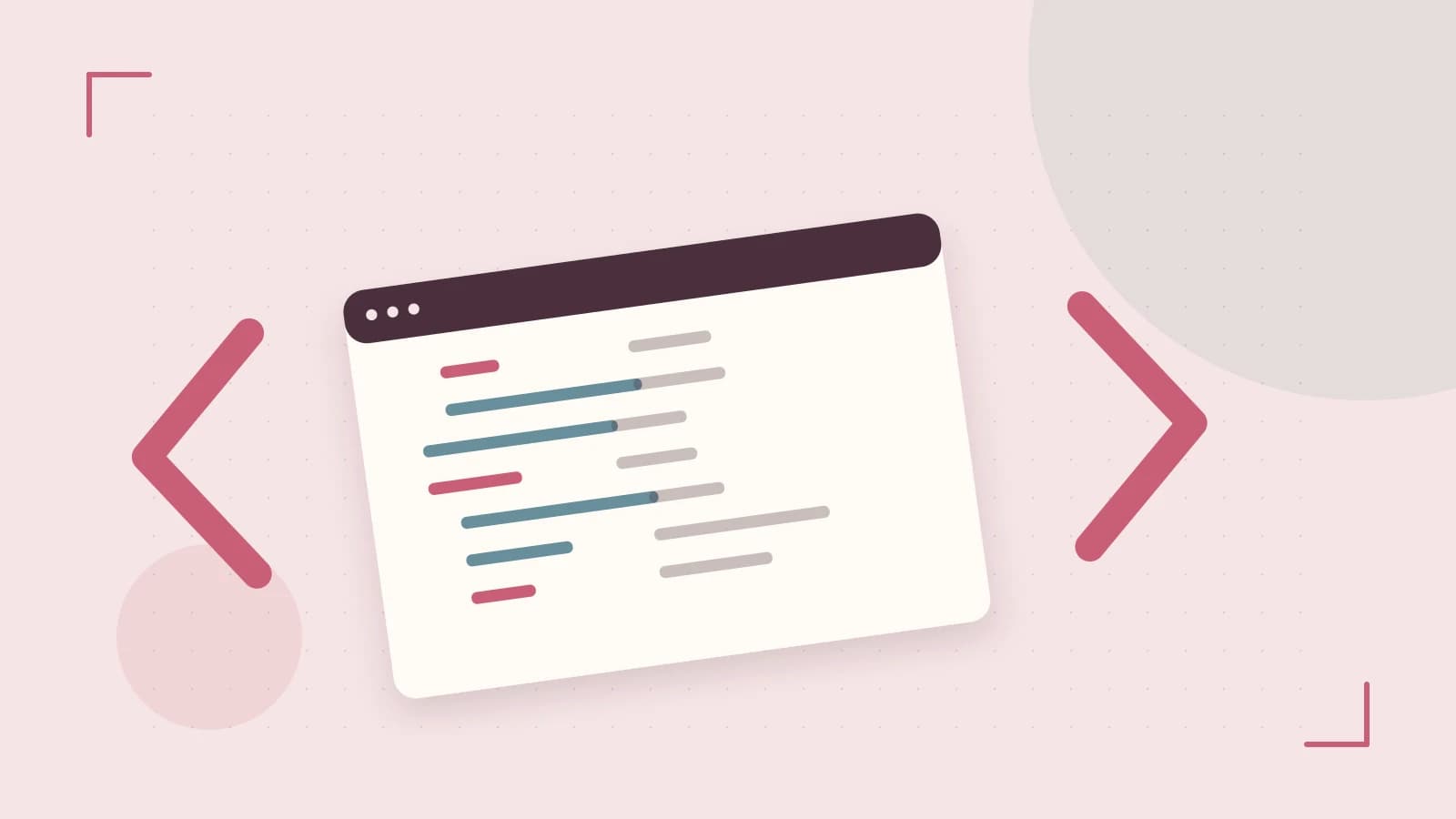 Editorial illustration of an abstract code editor, syntax blocks and oversized programming brackets