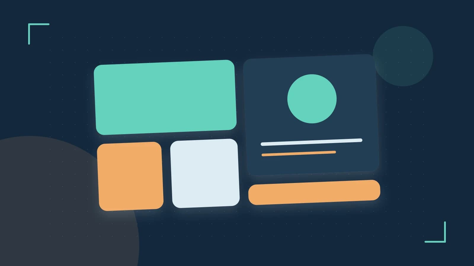 Editorial illustration of responsive browser layouts, overlapping design components and a color system