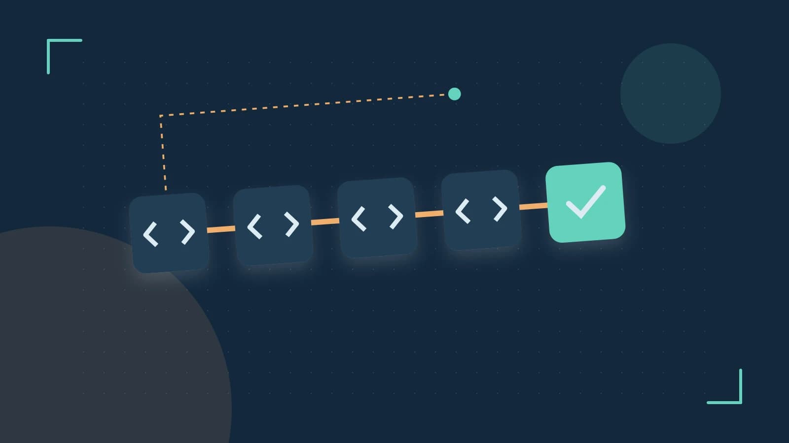 Editorial illustration of a branching build pipeline, staged transformations and a completed check