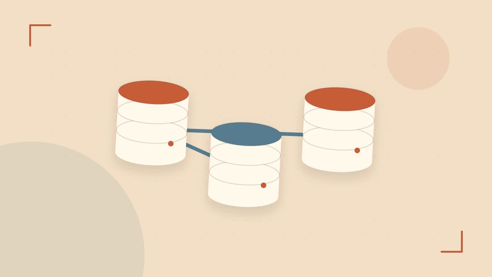 Editorial illustration of structured records, database cylinders and relationships between tables