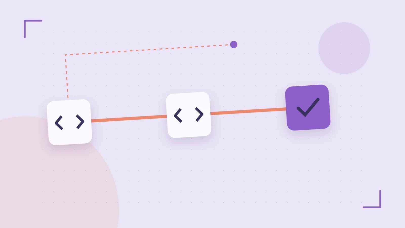 Editorial illustration of a branching build pipeline, staged transformations and a completed check