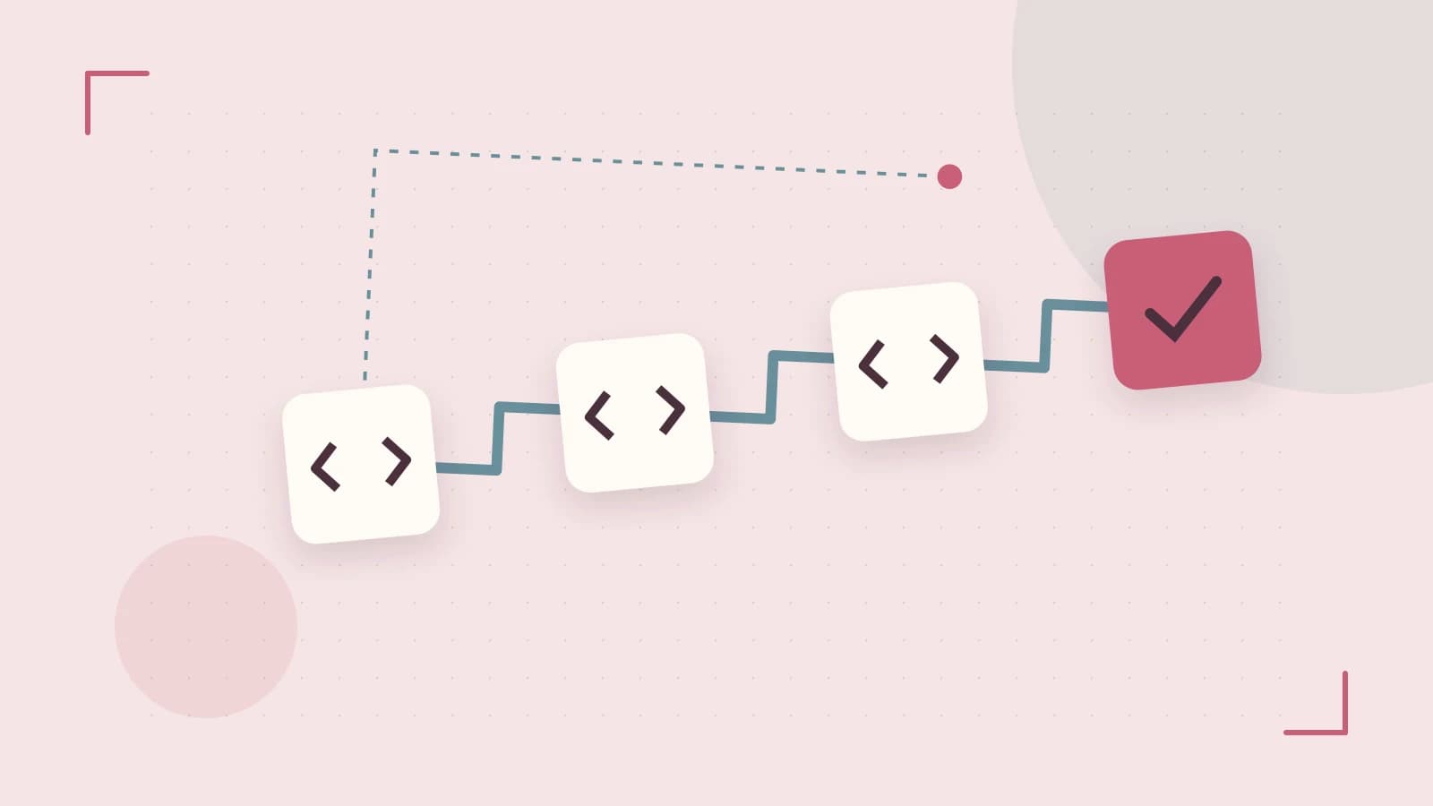 Editorial illustration of a branching build pipeline, staged transformations and a completed check