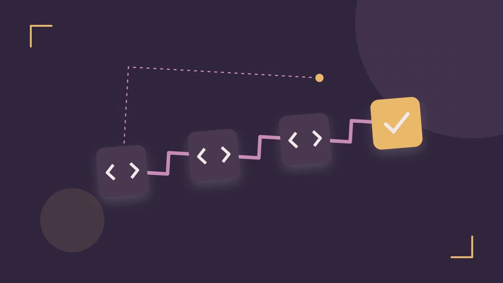 Editorial illustration of a branching build pipeline, staged transformations and a completed check