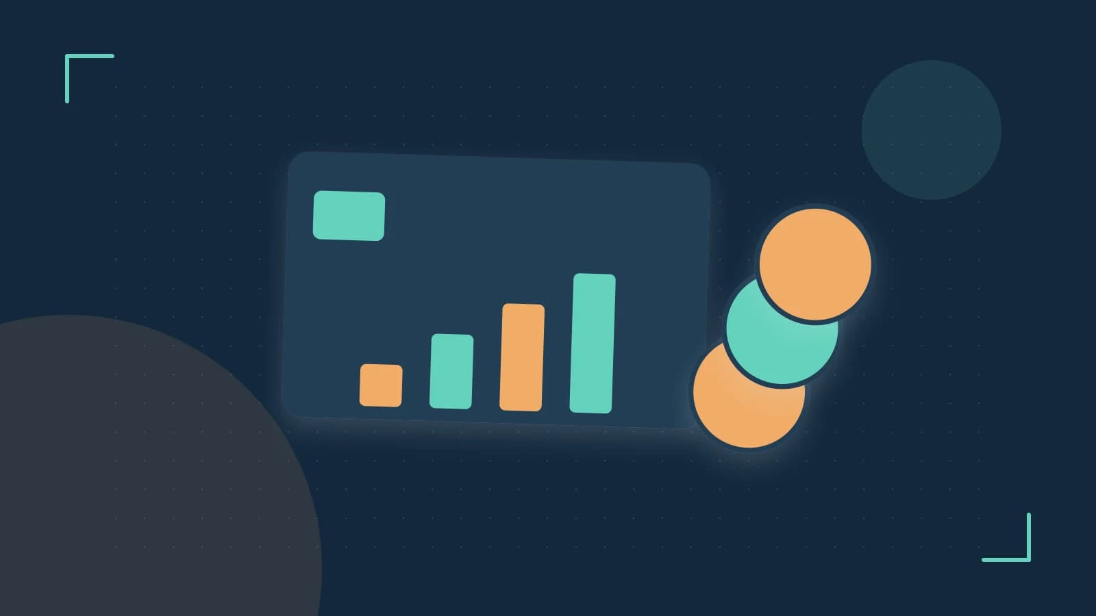 Editorial illustration of abstract coins, a payment card and a geometric financial chart without data labels