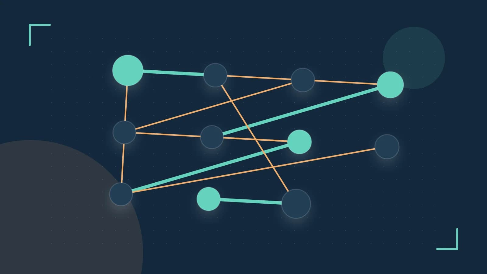 Editorial illustration of an algorithmic node graph with branching paths and a highlighted result