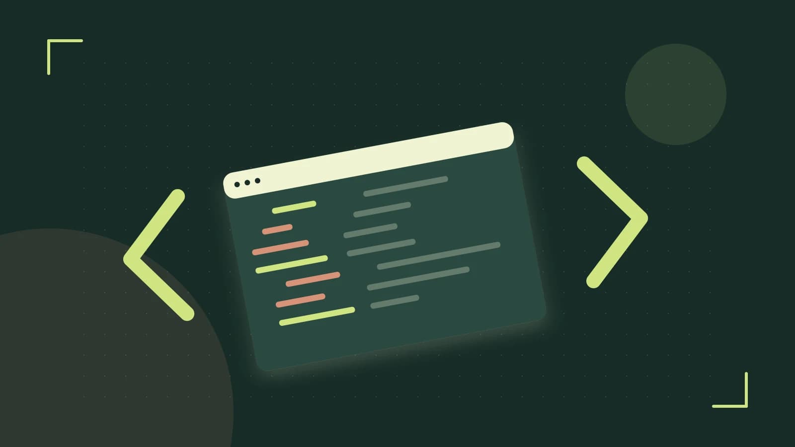 Editorial illustration of an abstract code editor, syntax blocks and oversized programming brackets