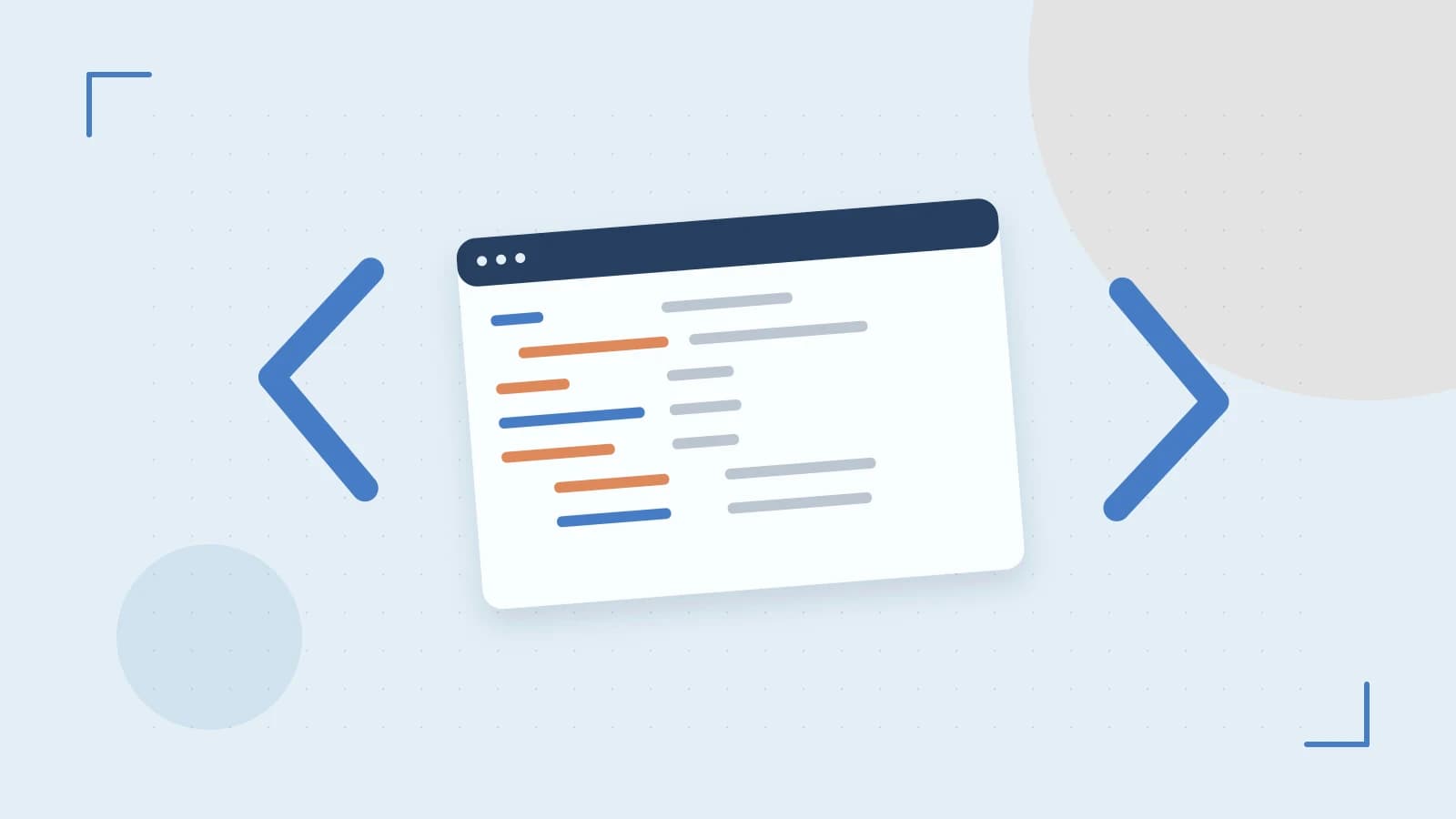 Editorial illustration of an abstract code editor, syntax blocks and oversized programming brackets