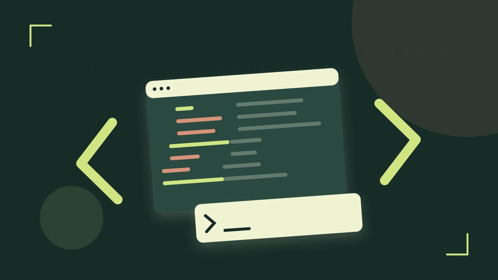 Editorial illustration of an abstract code editor, syntax blocks and oversized programming brackets