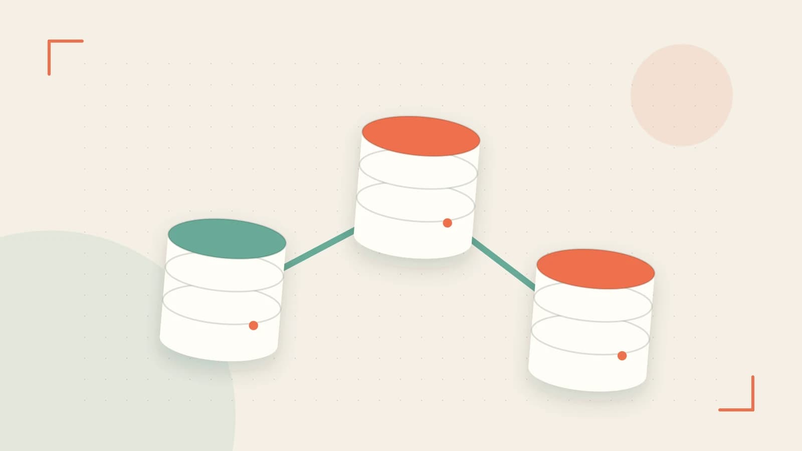 Editorial illustration of structured records, database cylinders and relationships between tables