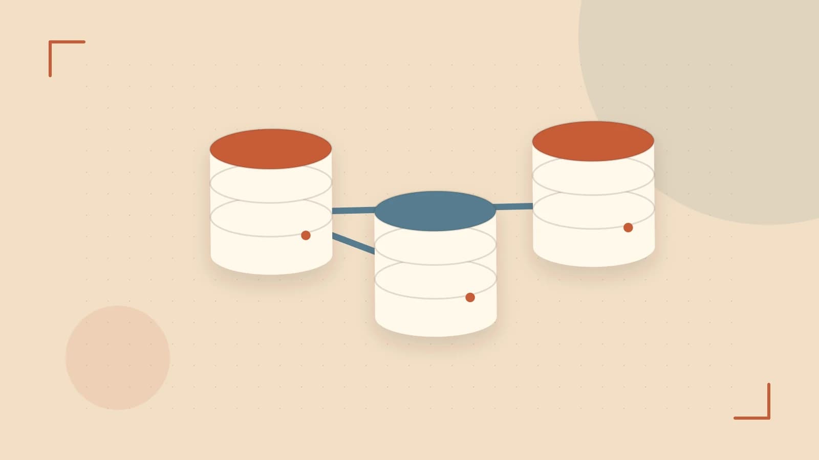 Editorial illustration of structured records, database cylinders and relationships between tables