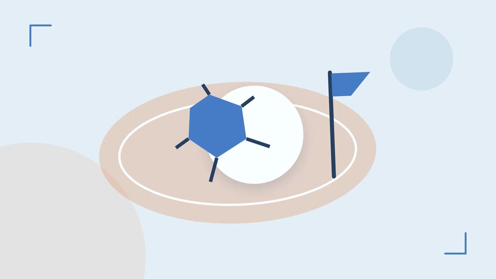 Editorial illustration of a stylized sports ball, stadium geometry and dynamic arcs