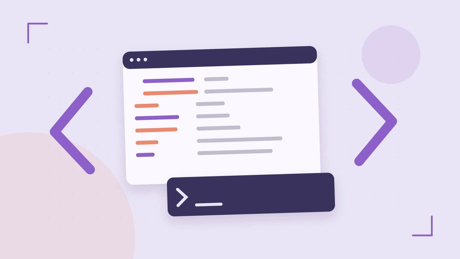 Editorial illustration of an abstract code editor, syntax blocks and oversized programming brackets