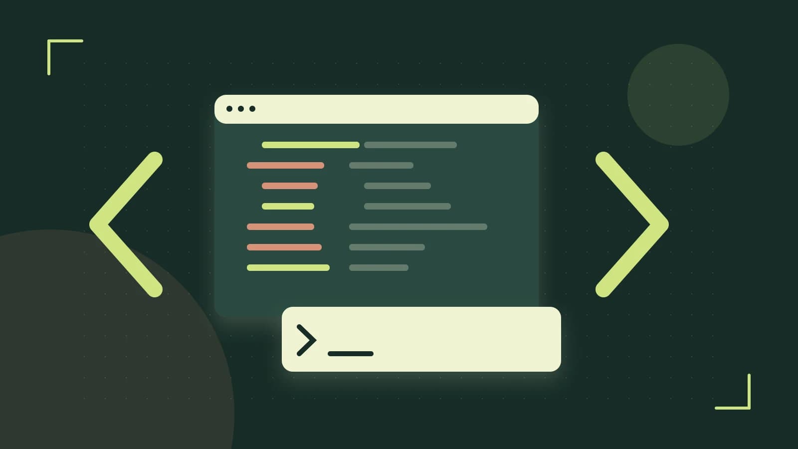 Editorial illustration of an abstract code editor, syntax blocks and oversized programming brackets